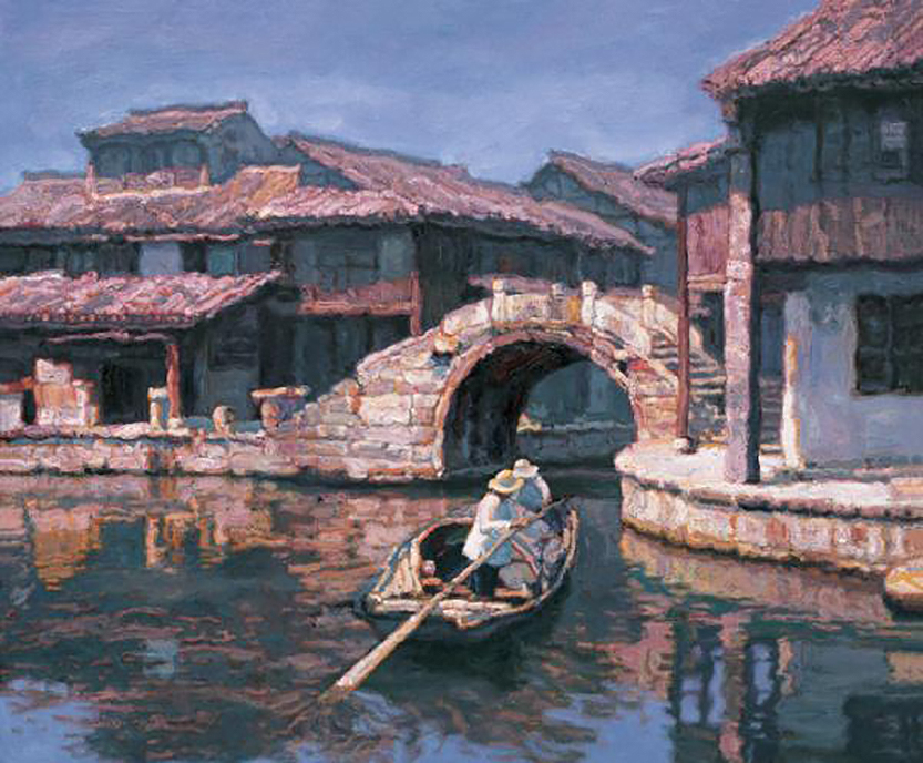 Water Town in Lights of Dawn Chinese Chen Yifei Oil Paintings